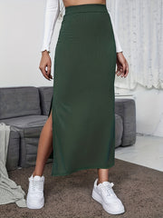 Solid Ribbed High Rise Side Split Maxi Midi Skirt