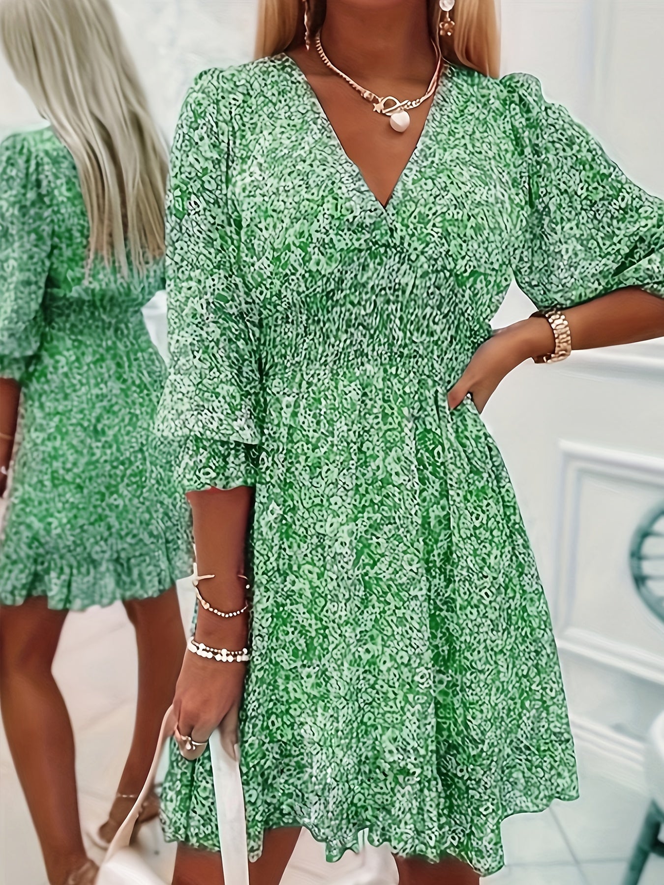 Women's Plus Ditsy Print Ruffle Trim Lantern Sleeve Smock Dress