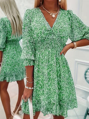 Women's Plus Ditsy Print Ruffle Trim Lantern Sleeve Smock Dress
