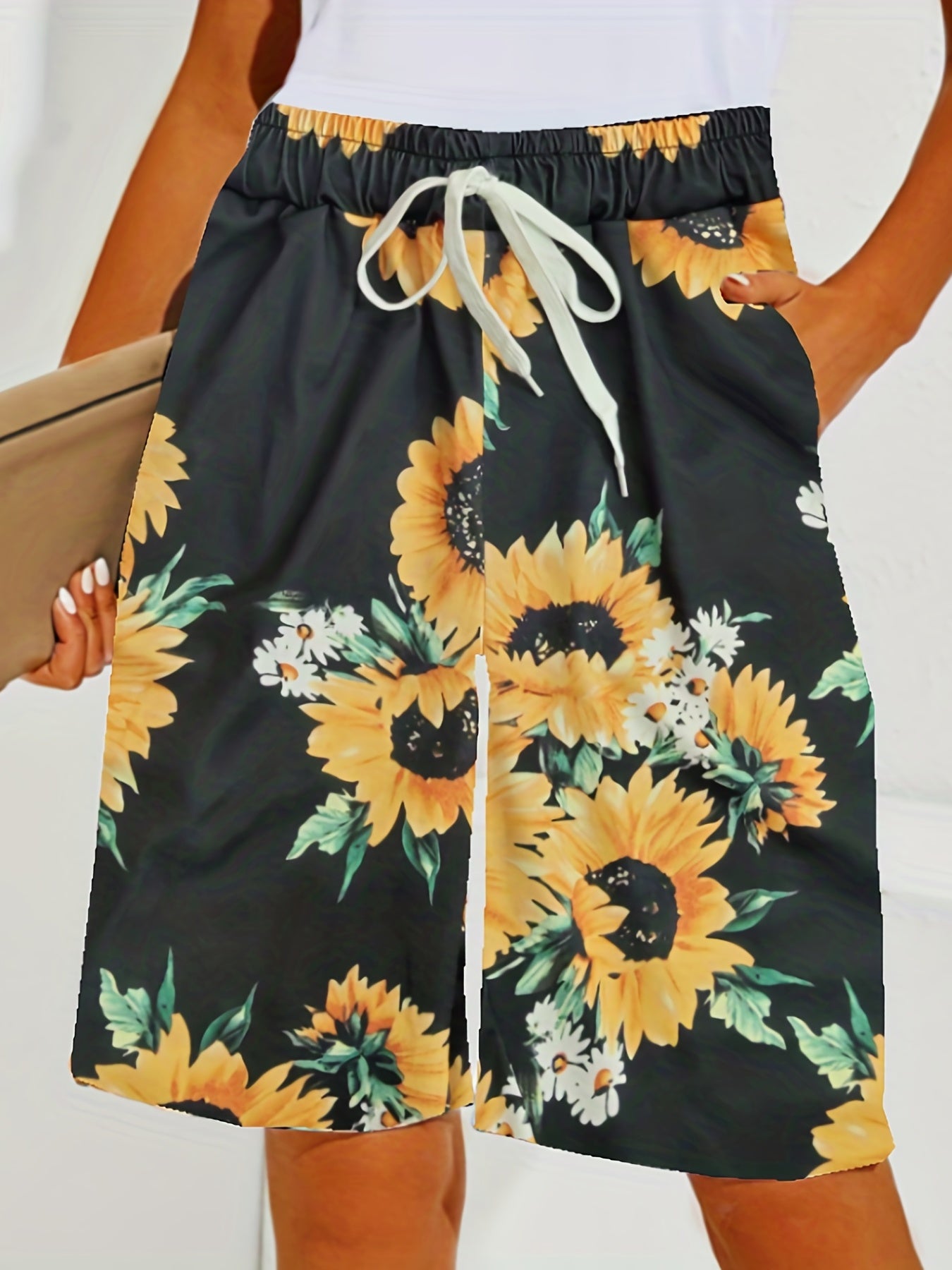 Sunflower Print Shorts Elastic Waist Summer Shorts Women's Clothing