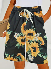 Sunflower Print Shorts Elastic Waist Summer Shorts Women's Clothing