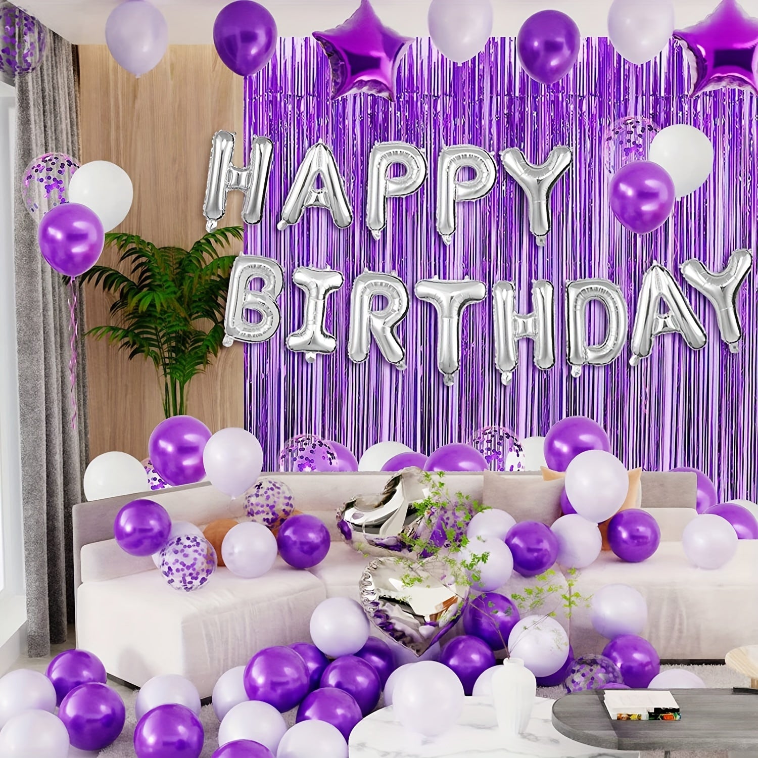 29pc Purple & Silver Birthday Balloon Set with Fringe Curtain