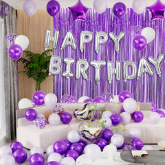 29pc Purple & Silver Birthday Balloon Set with Fringe Curtain