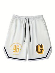 Men's Letter Print Basketball Shorts - Casual Breathable Drawstring Shorts
