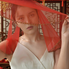 Wedding Veil Bridal Hair Accessory Beaded Edge Lightweight Nylon Fabric Red