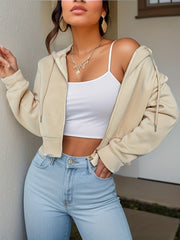 Solid Zip Front Drawstring Crop Hoodie Sexy Long Sleeve Hoodie