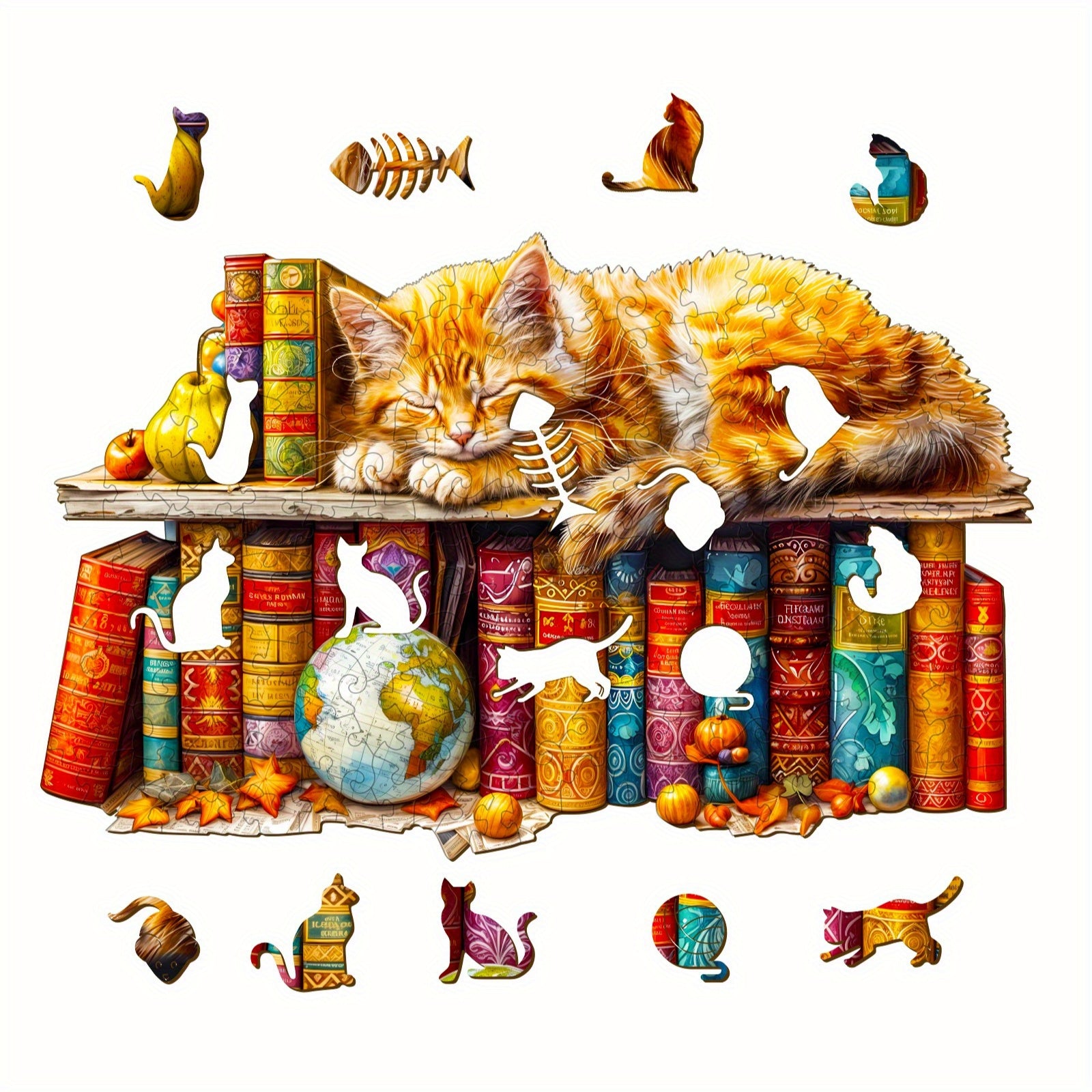 Enchanted Tabby Cat Wooden Puzzle with Cozy Book & Globe