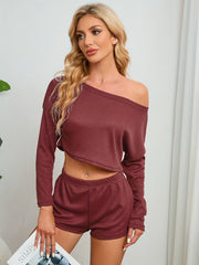 Solid Pajama Set Long Sleeve Top & Shorts Women's Sleepwear