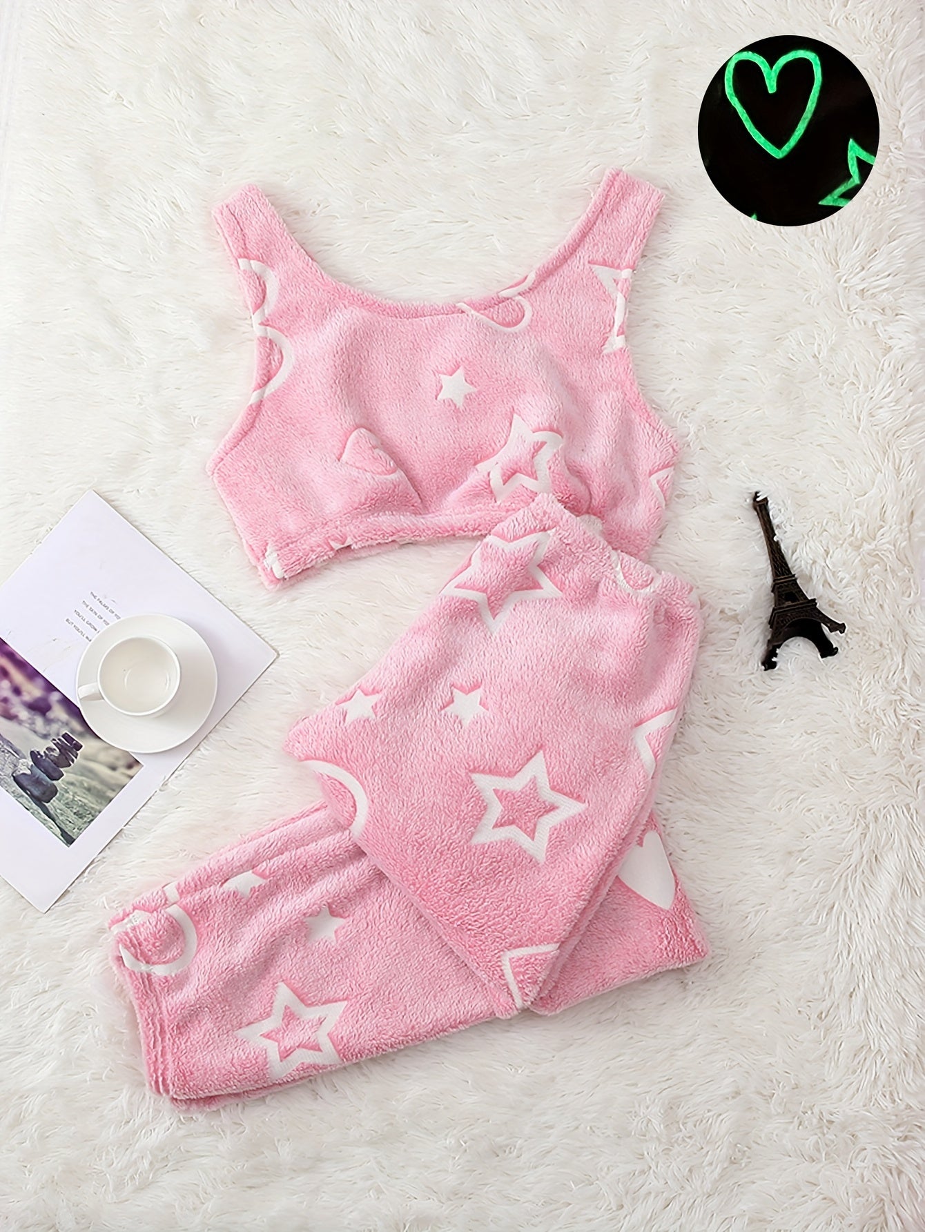 Star Pattern Plush Pajama Set Sleeveless Crop Top & Loose Pants