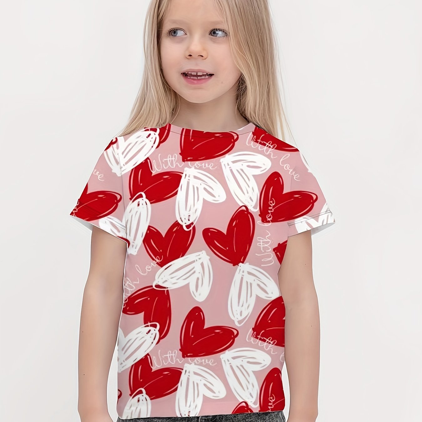 Girls Heart Graphic Crew Neck T shirt Short Sleeve Pullover Summer Clothes