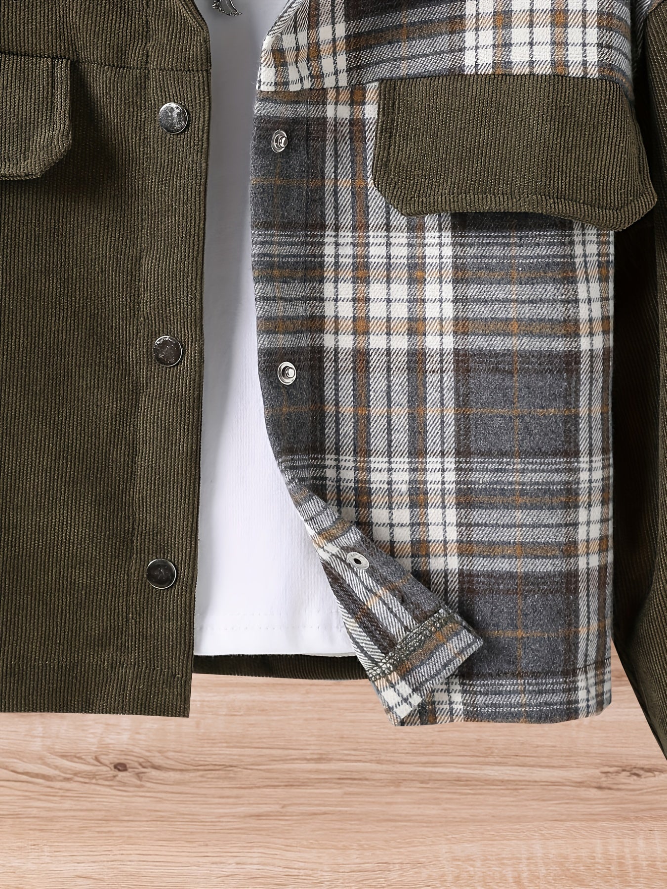 Girls Corduroy Plaid Collared Snap Jacket