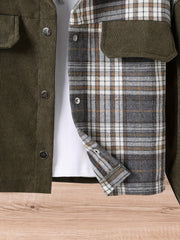 Girls Corduroy Plaid Collared Snap Jacket