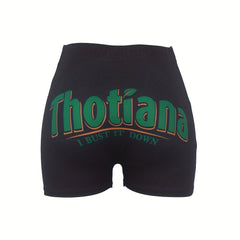 Colorblock Letter Print Skinny Yoga Shorts for Women