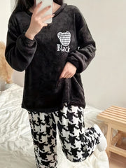 Plaid Thermal Loungewear Pajamas Set Long Sleeve Pullover Tops & Pants