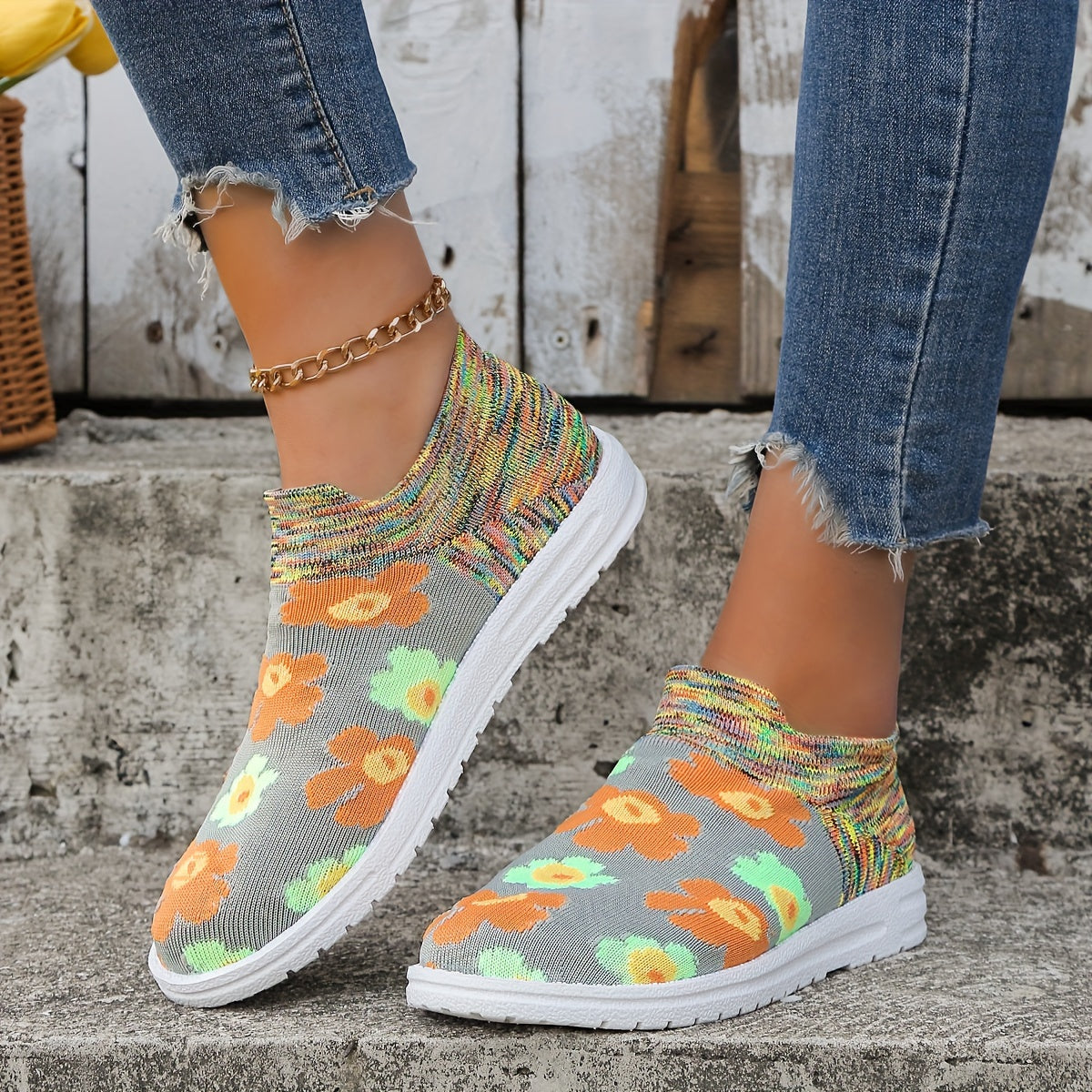 Flower Pattern Mesh Breathable Running Shoes Lightweight Non Slip Sneakers