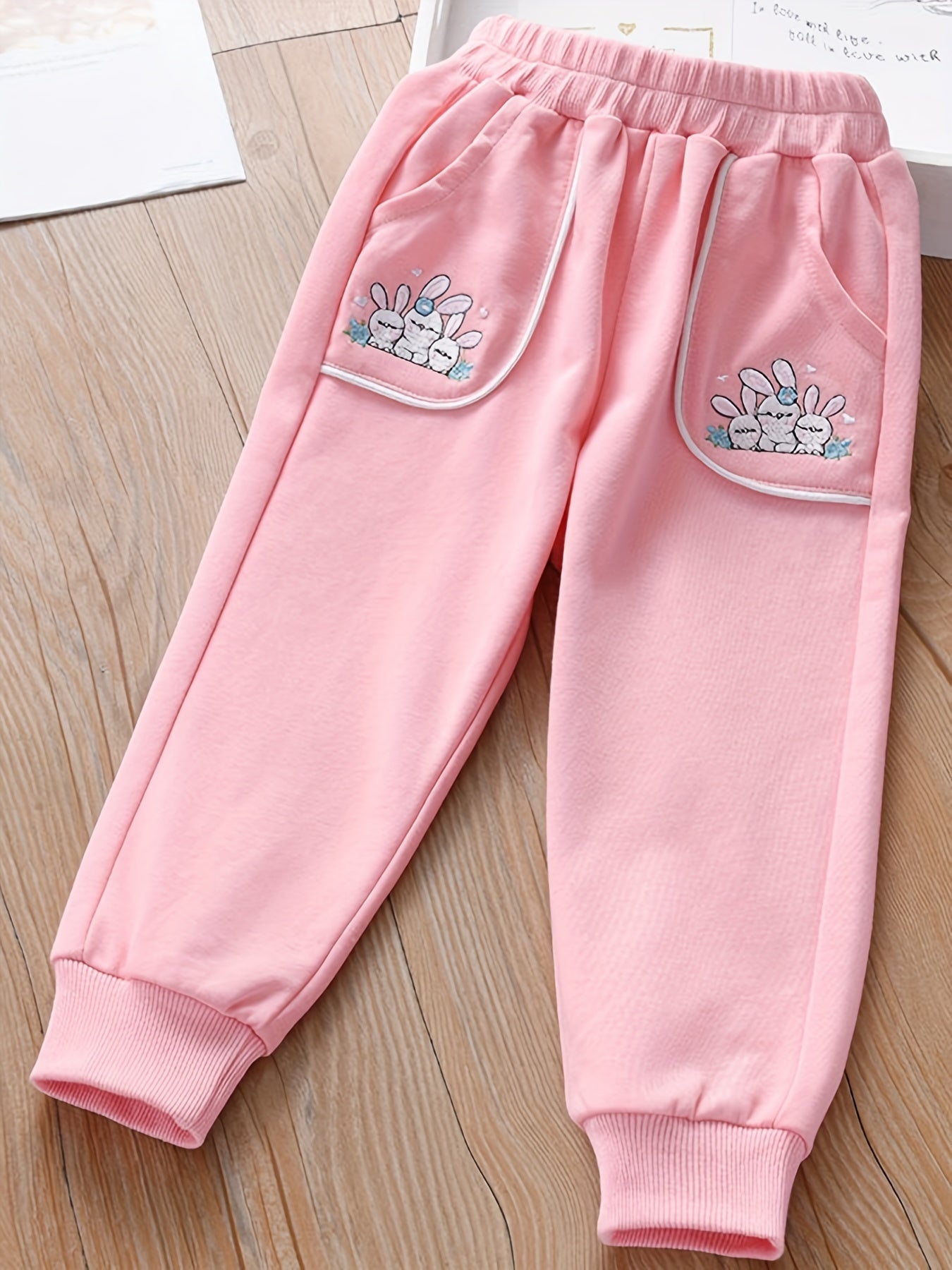 Girls Bunny Embroidered Jogger Pants for Spring Fall