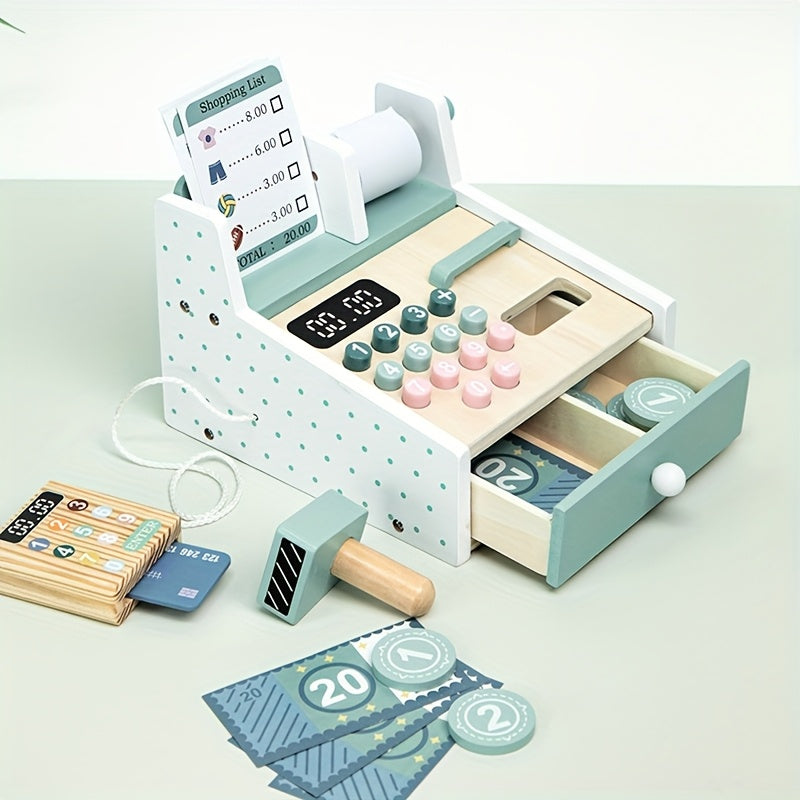 Wooden Toy Cash Register Kids Play House Business Simulation