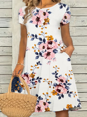 Floral Print Short Sleeve Round Neck Dress With Pockets