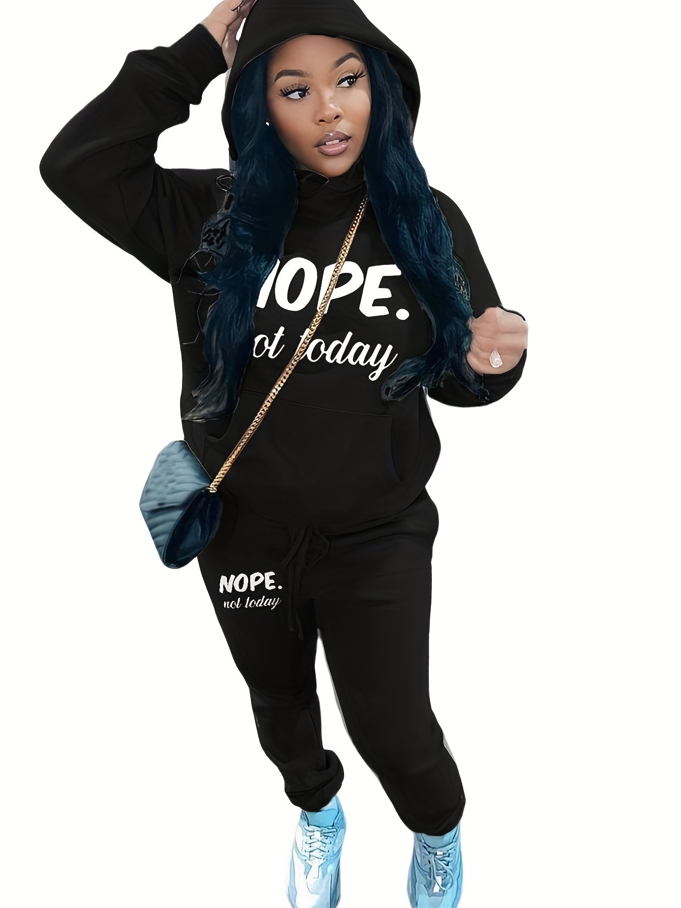 Print Drawstring Two-piece Set Hoodie & Pants