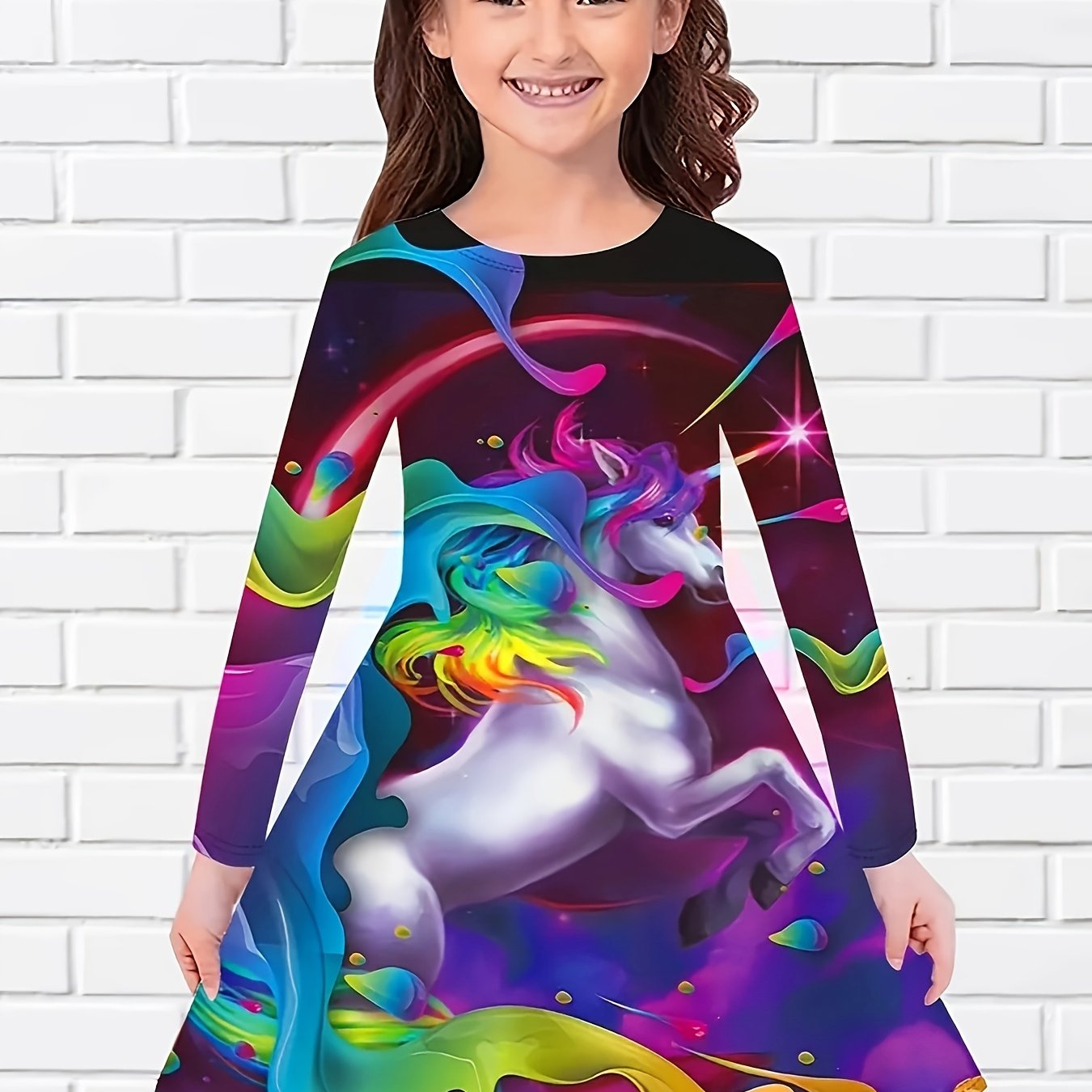 Girls Unicorn Print Long Sleeve Dress For Party Kids Clothes