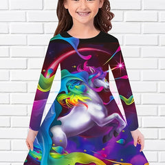 Girls Unicorn Print Long Sleeve Dress For Party Kids Clothes