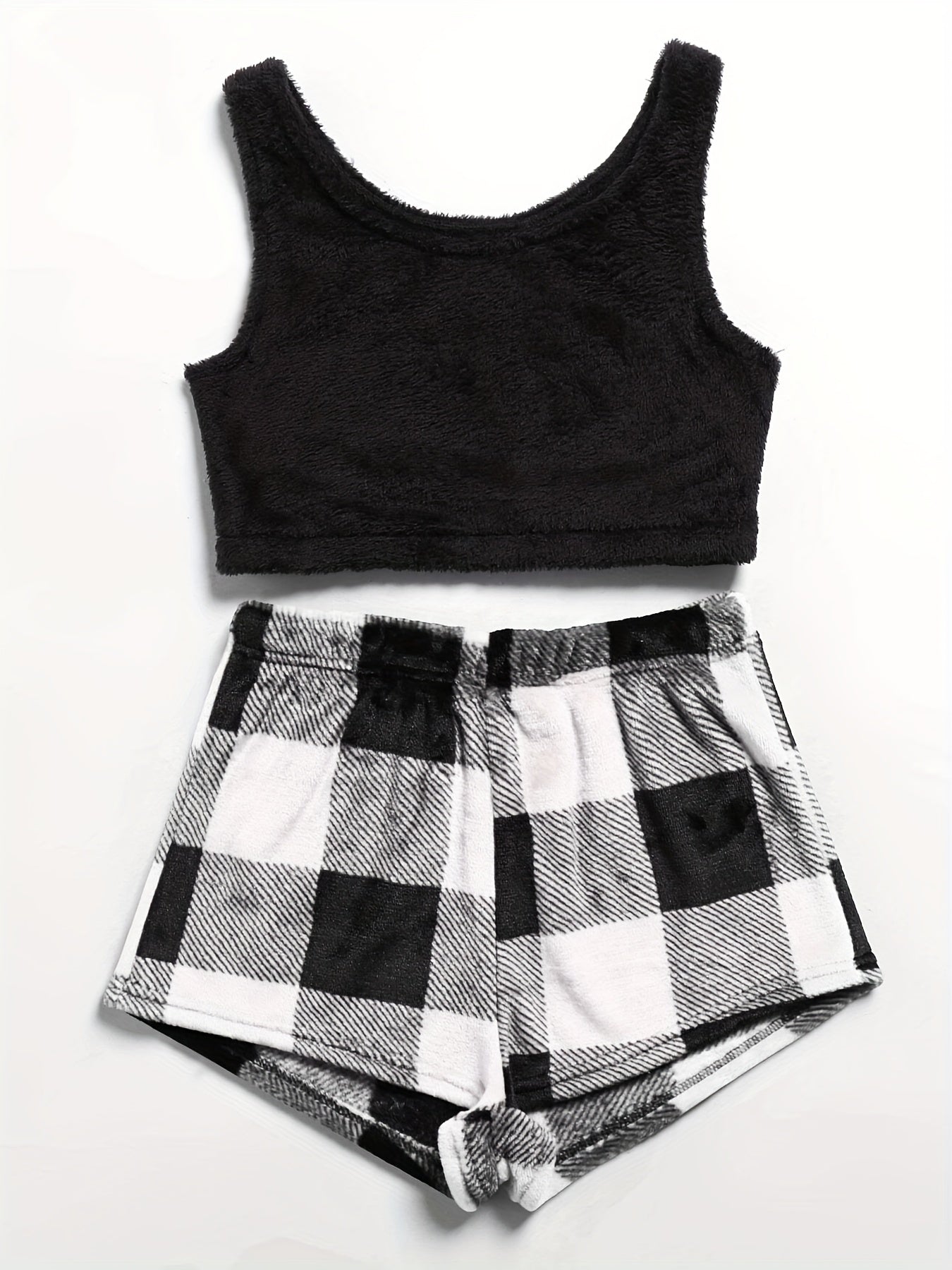 Fuzzy Lounge Set Crew Neck Tank Top & Plaid Shorts Women's Loungewear