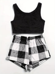 Fuzzy Lounge Set Crew Neck Tank Top & Plaid Shorts Women's Loungewear
