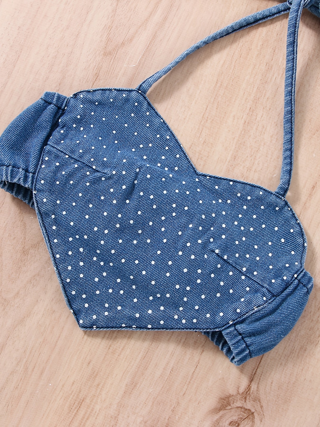 Girls Polka Dot Heart Halter Crop Top & Denim Shorts Set