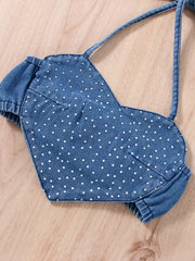 Girls Polka Dot Heart Halter Crop Top & Denim Shorts Set