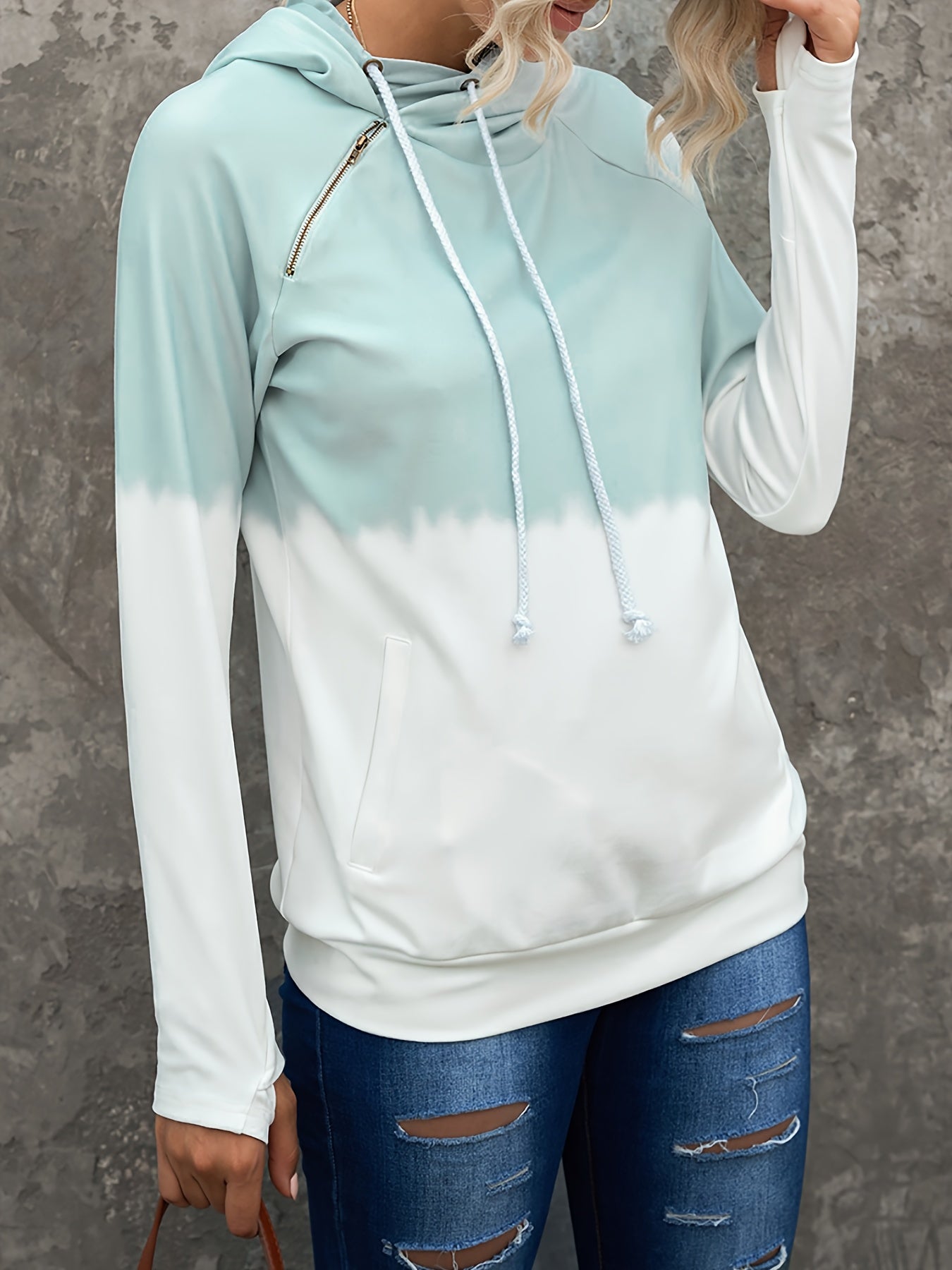 Two Tone Zipper Hooded Sweatshirt Block Pullover Top Women's Activewear