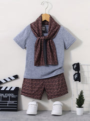 3pcs Boys Casual Short Sleeve T shirt & Shorts & Scarf Set Summer Kids Clothes