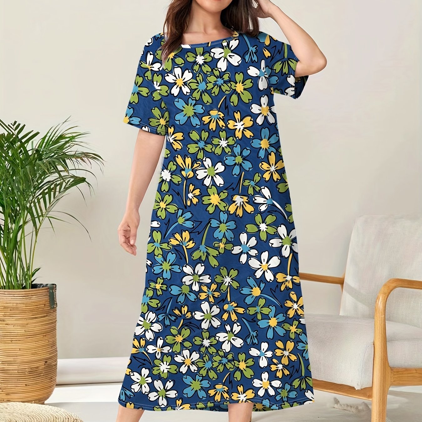 Colorful Floral Print Plus Size Lounge Dress