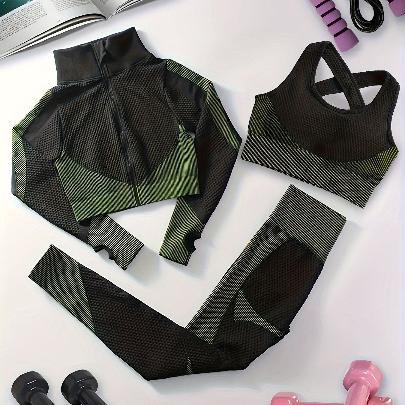 3pcs Block Yoga Workout Set Long Sleeve Jacket & Sports Bra & Leggings