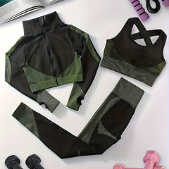 3pcs Block Yoga Workout Set Long Sleeve Jacket & Sports Bra & Leggings