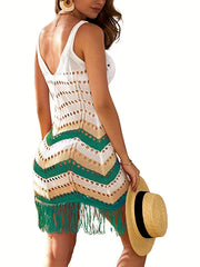 Multicolored V Neck Crochet Cover Up Dress Women's Swimwear