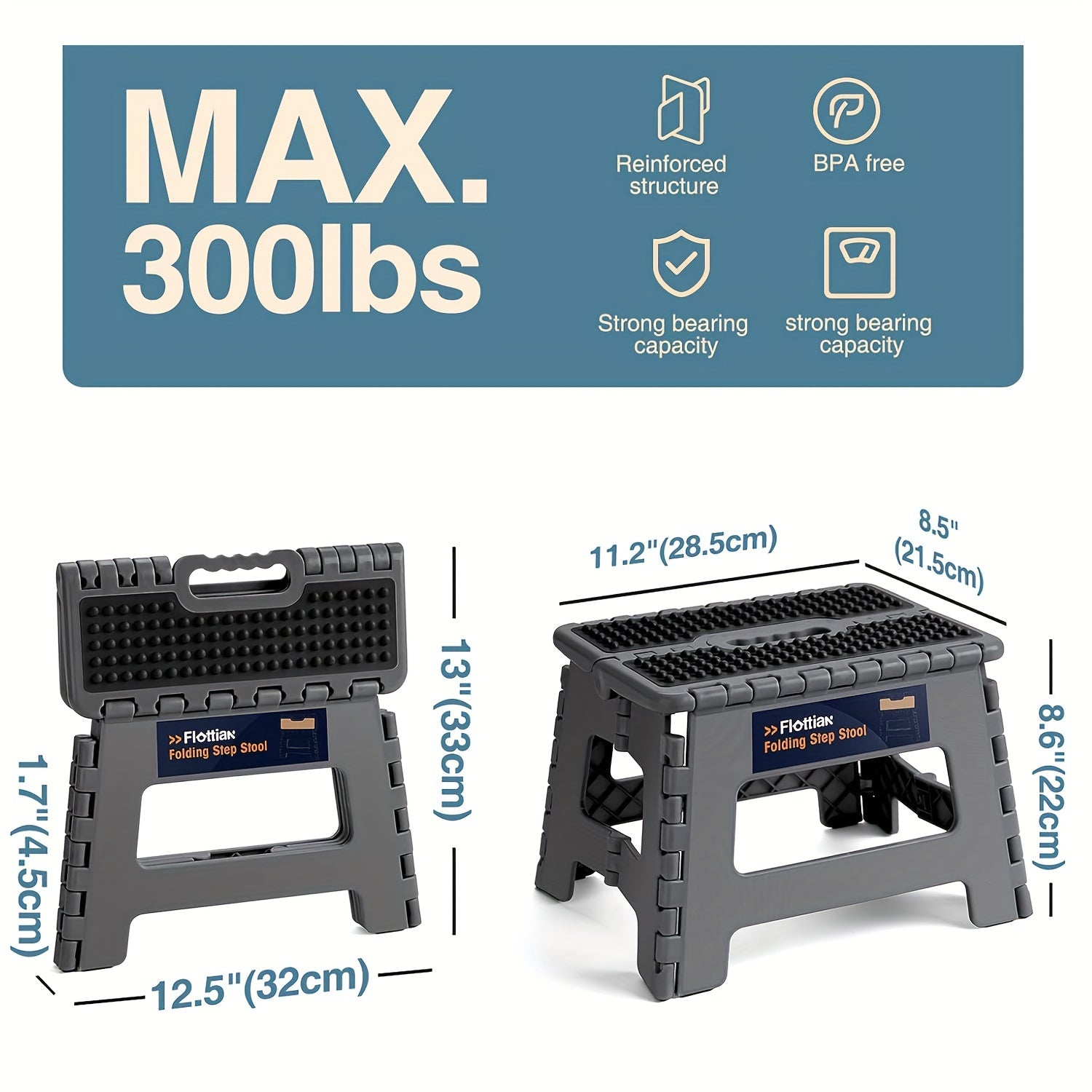 Tall Folding Step Stool 22x33x2cm Holds 136.08KG Non-Slip Surface