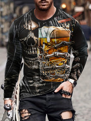 Skull Drinking Beer 3d Print Men's Long Sleeve T-shirt for Autumn