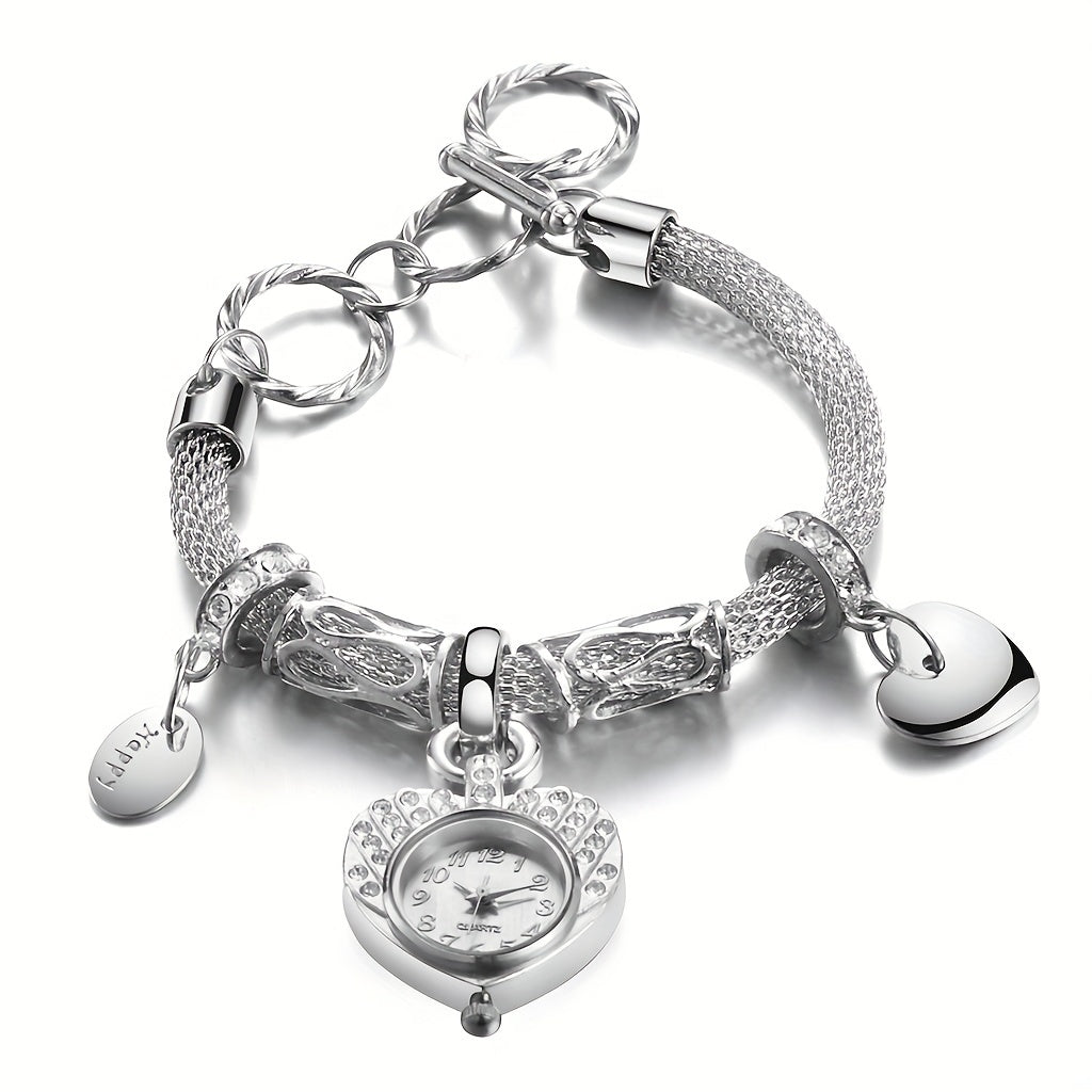 Golden Heart Bracelet Watch with Faux Diamond Studded Quartz Alloy