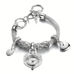 Golden Heart Bracelet Watch with Faux Diamond Studded Quartz Alloy