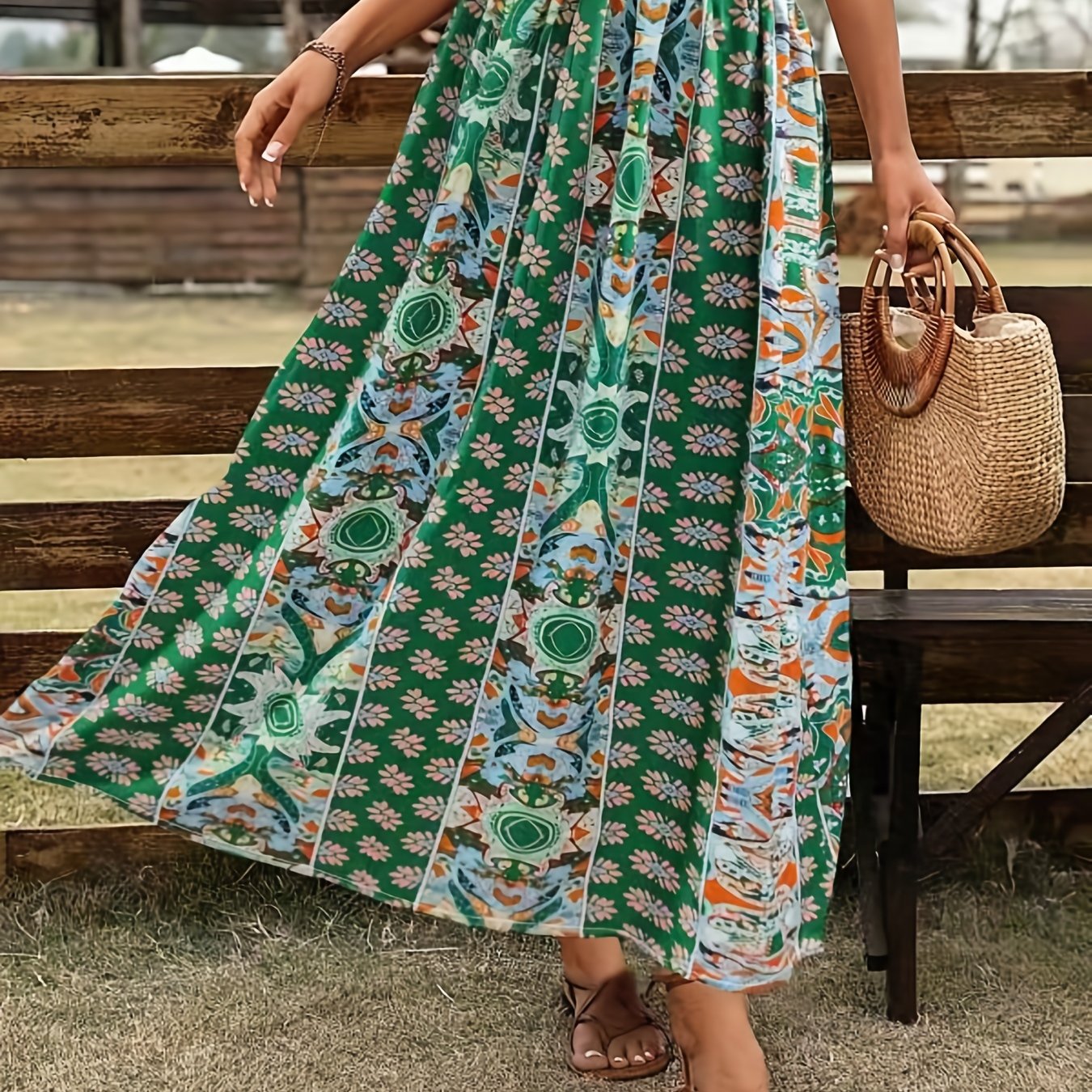 Boho Floral Print Elastic Waist Skirt Casual Skirt