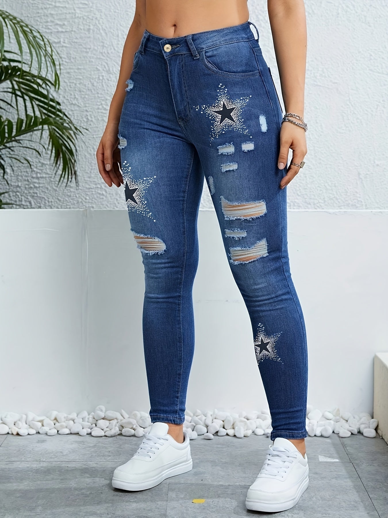 Star Pattern Ripped Holes Skinny Jeans Slim Fit