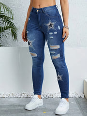 Star Pattern Ripped Holes Skinny Jeans Slim Fit