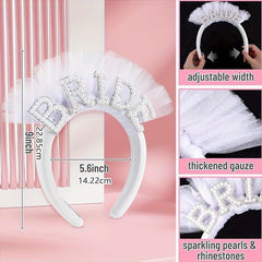 Bride Pearl Headband Tulle Bridal Hair Accessory with BRIDE Embellishment
