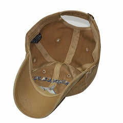 Distressed Coated Denim Baseball Hat with Big Shark Embroidery