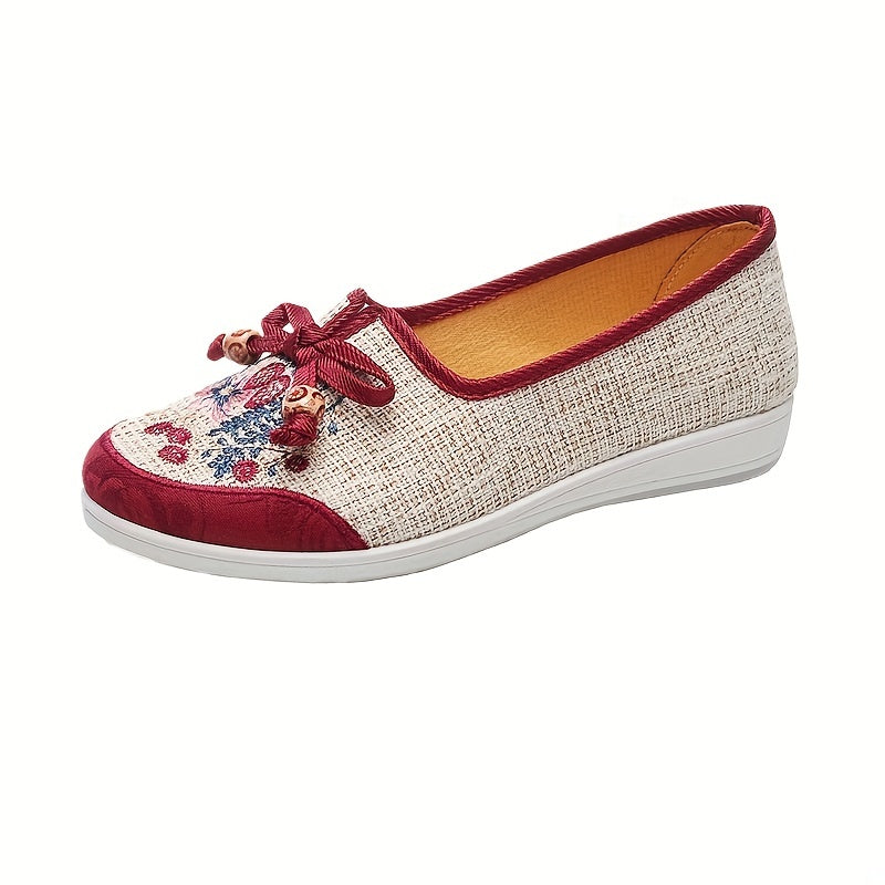 Women's Bowknot Floral Flat Shoes Slip On Low Top Tribal Style Flats