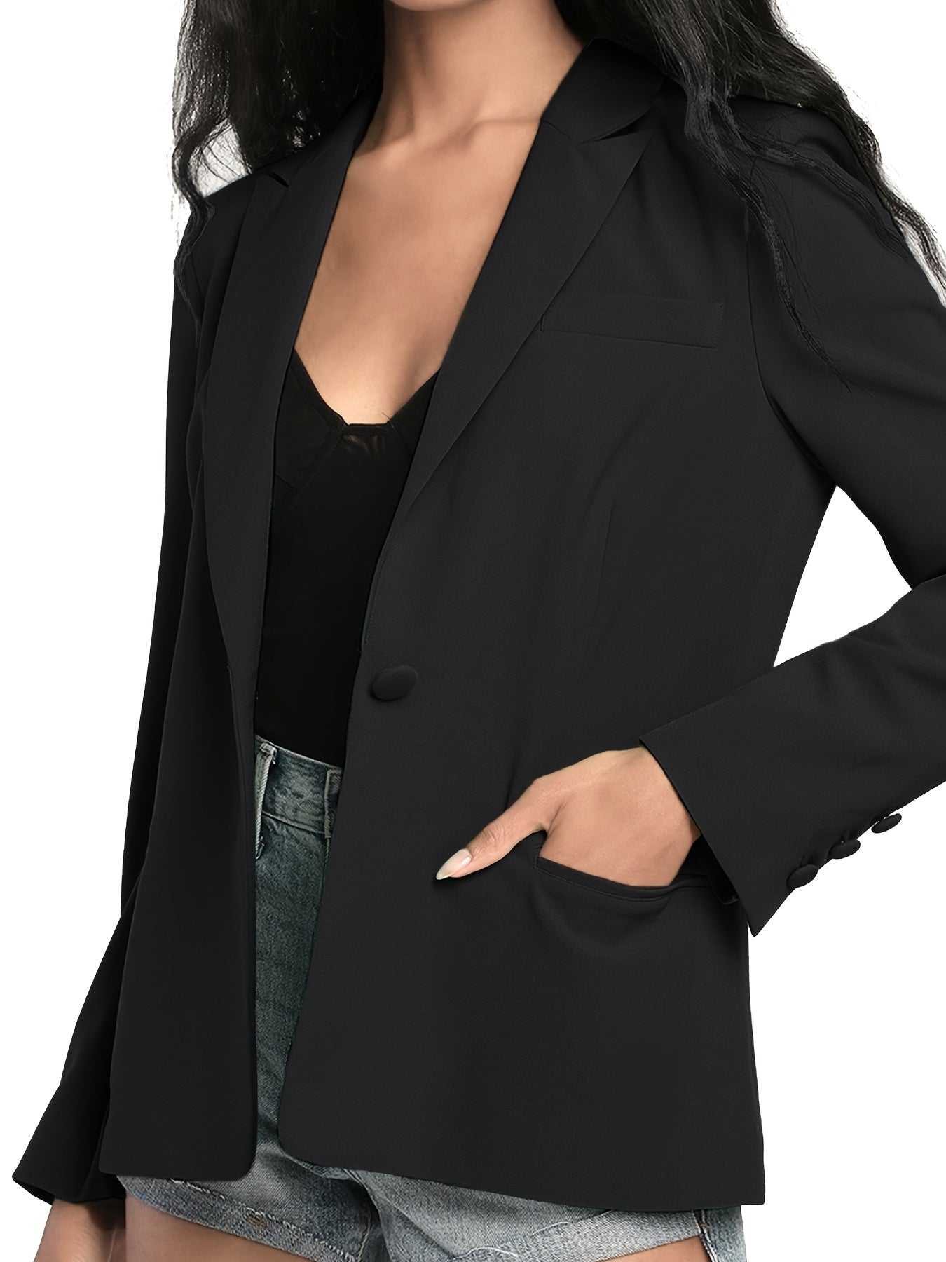 Solid Long Sleeve Button Blazer Double Lapel Jacket
