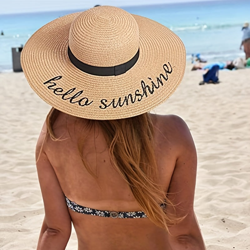 Hellow Sunshine Embroidery Sun Hat Wide Brim Sunscreen Straw Hat