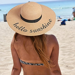 Hellow Sunshine Embroidery Sun Hat Wide Brim Sunscreen Straw Hat