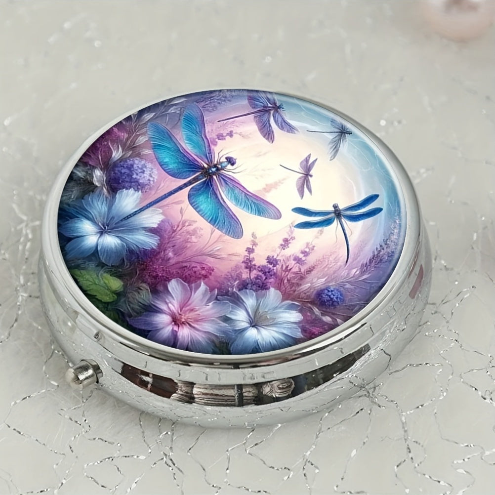 Dragonfly & Floral Round Pill Organizer 3 Compartments Portable Medicine Case