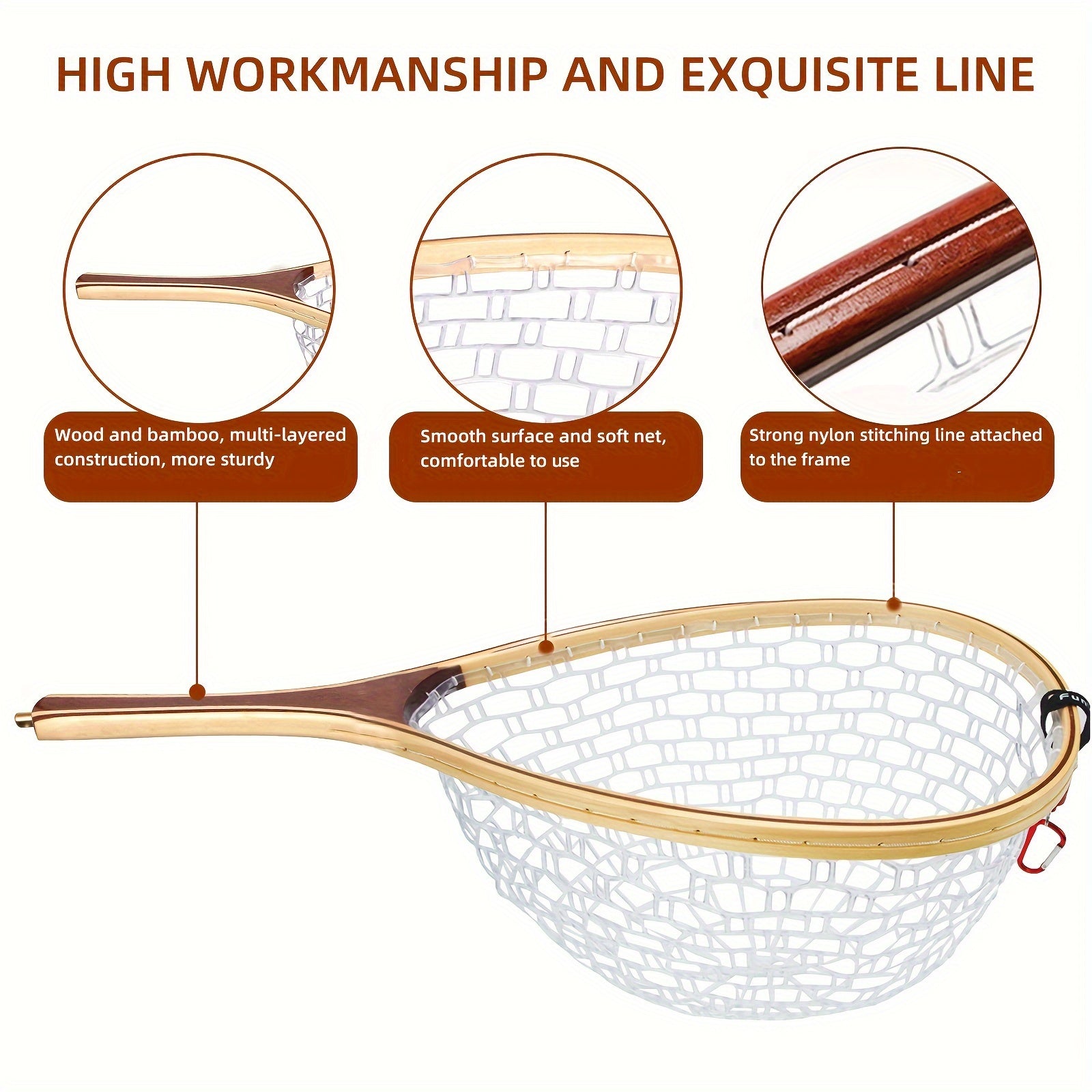 FunVZU Magnetic Trout Net Release Soft Rubber Mesh Wood Handle Safety Cord